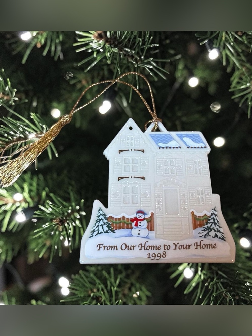 Lenox White & Blue Snowman House Christmas Ornament